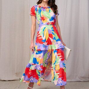 🌴🌺 Tropical Ruffle-Collar Maxi Dress – Size L (NWOT) 🌺🌴